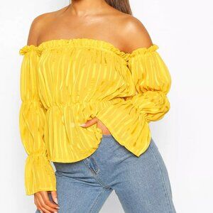 NWT Boohoo Mustard Off-Shoulder Satin Stripe Volume Sleeve Bardot Top size 6